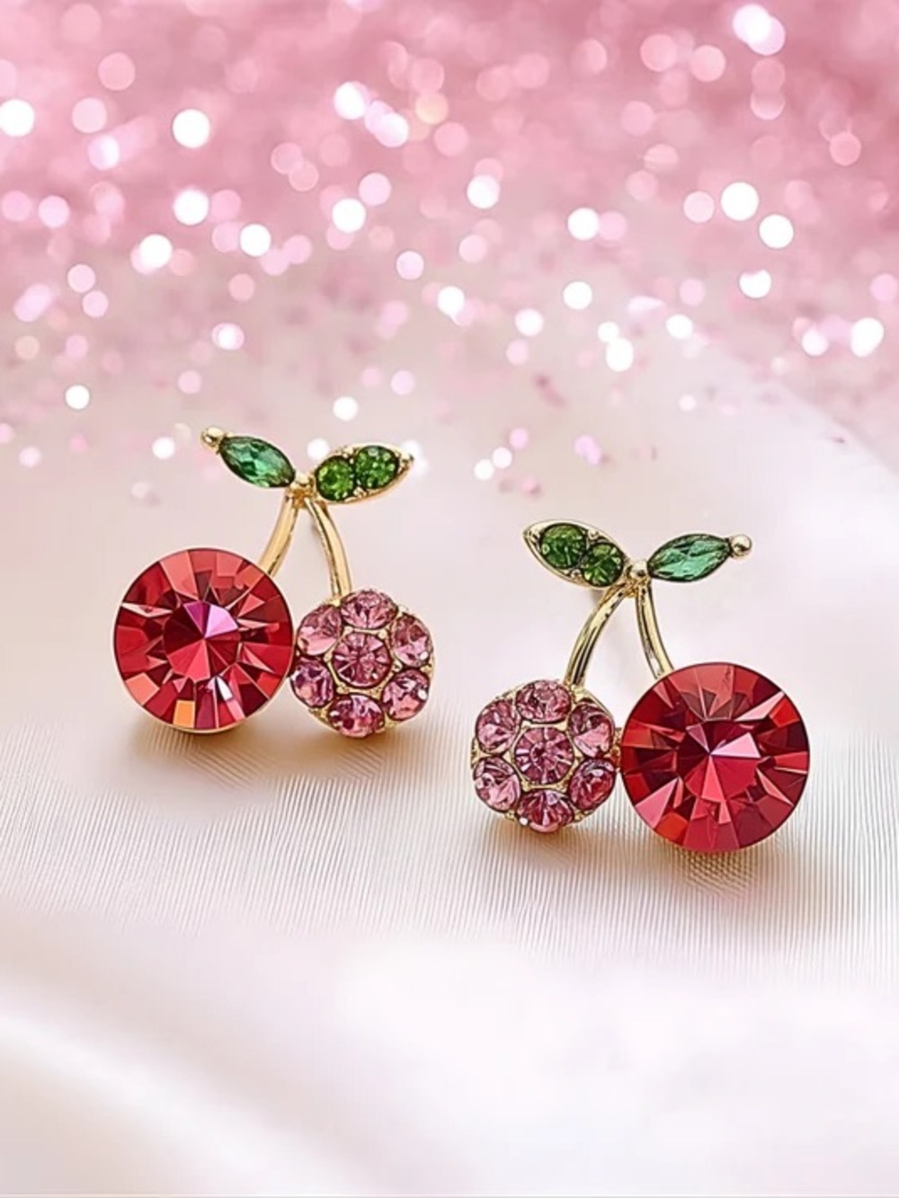 Gold-Tone Cherry Crystal Earrings in Red, Pink and Green
